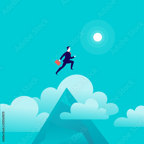 Vector flat illustration with businessman jumping above mountain peak on blue sky with isolated clouds. Motivation, moving upwards, aspirations, new aims and perspectives, achievements - metaphor.