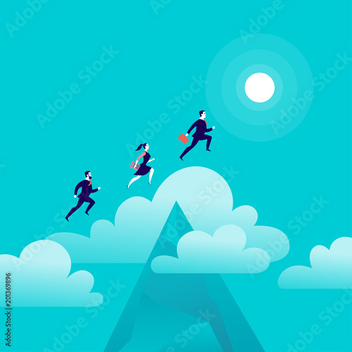 Vector flat illustration with office people jumping above mountain peak on blue sky with isolated clouds. Motivation, moving upwards, aspirations, new aims and perspectives, achievements - metaphor.