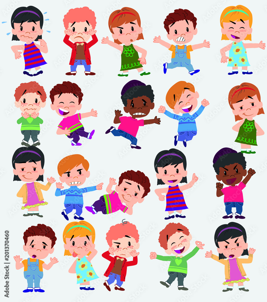 Cartoon character boys and girls. Set with different postures, attitudes and poses, doing different activities. Vector illustrations. Cartoon character boys and girls. Set with different postures, attitudes and poses, doing different activities. Vector illustrations.