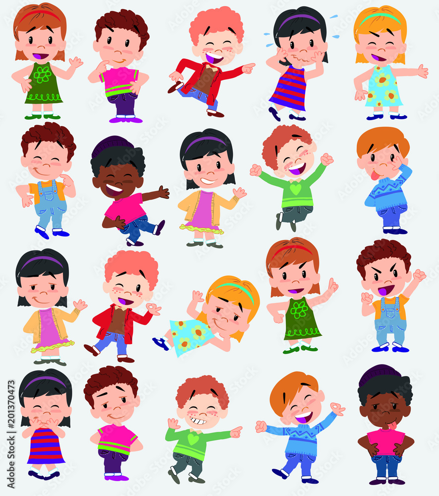 Cartoon character boys and girls. Set with different postures, attitudes  and poses, always in positive attitude, doing different activities. Vector  illustrations. Stock Vector | Adobe Stock