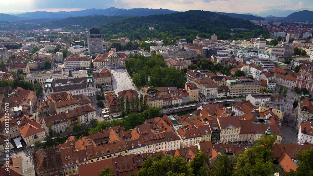 Amazing panorama of Ljubljana, old historical center of Slovenian capital city