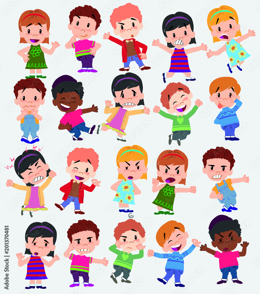 Cartoon character boys and girls. Set with different postures, attitudes and poses, doing different activities. Vector illustrations. Cartoon character boys and girls. Set with different postures, attitudes and poses, doing different activities. Vector illustrations.