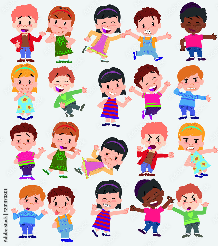 Cartoon character boys and girls. Set with different postures, attitudes and poses, doing different activities. Vector illustrations. Cartoon character boys and girls. Set with different postures, attitudes and poses, doing different activities. Vector illustrations.