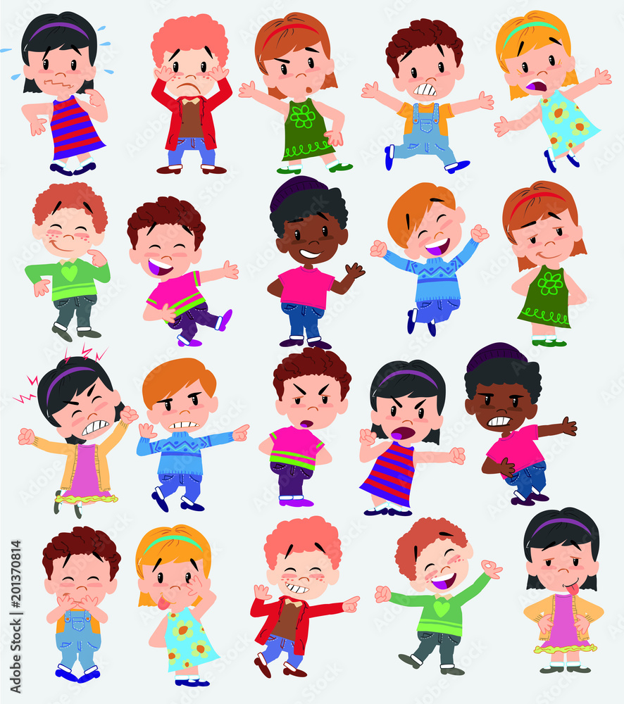 Cartoon character boys and girls. Set with different postures, attitudes and poses, doing different activities. Vector illustrations.