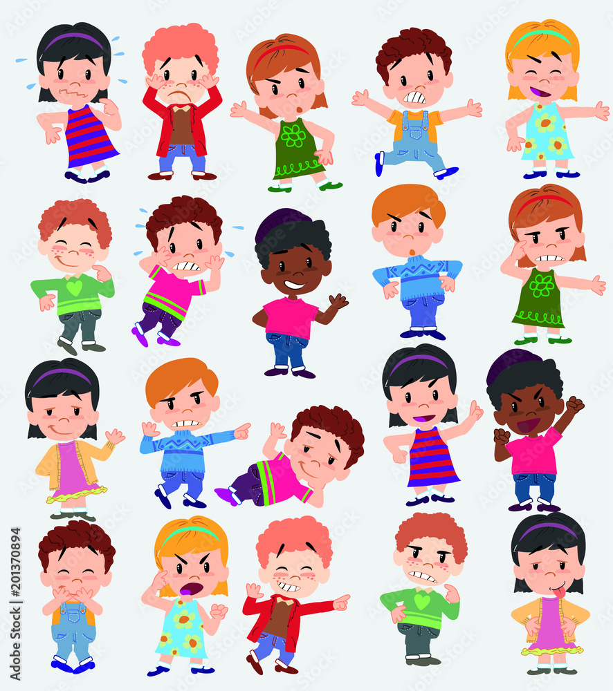 Cartoon character boys and girls. Set with different postures, attitudes and poses, doing different activities. Vector illustrations. Cartoon character boys and girls. Set with different postures, attitudes and poses, doing different activities. Vector illustrations.
