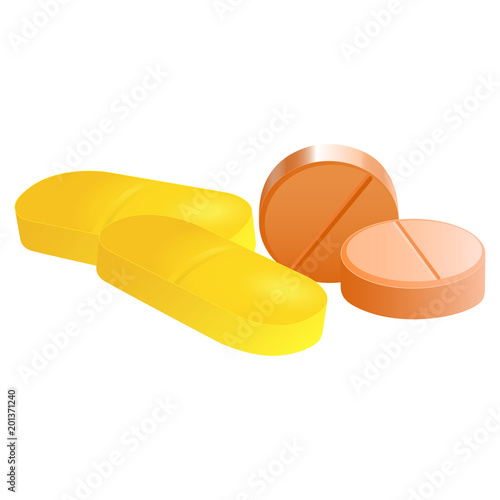 Four isolated tablets yellow and orange on white background