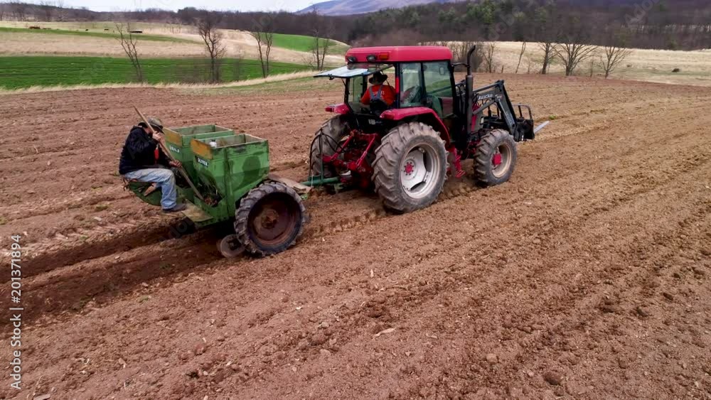 Close aerial view of farmhand on the back of a potato planter keeping the potatoes going through the chute. Close aerial view of farmhand on the back of a potato planter keeping the potatoes going through the chute.