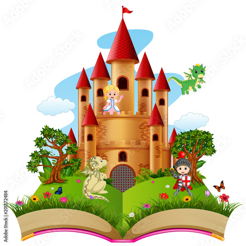 Castle with dragon and a knight in the storybook