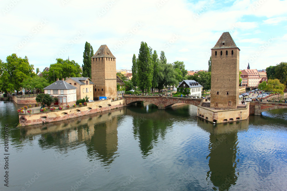 strasbourg, medieval bridge pont couverts - view from barrage vauban, alsace, france strasbourg, medieval bridge pont couverts - view from barrage vauban, alsace, france