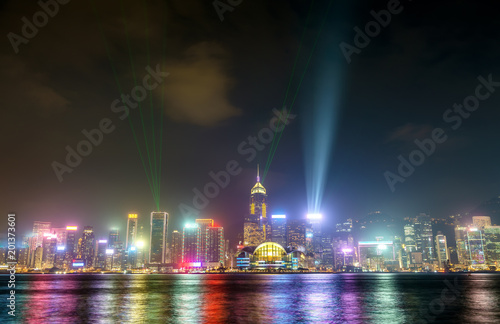 Hong Kong skyline at night with a laser light show. China