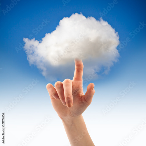 Push the virtual cloud. Virtual cloud concept.