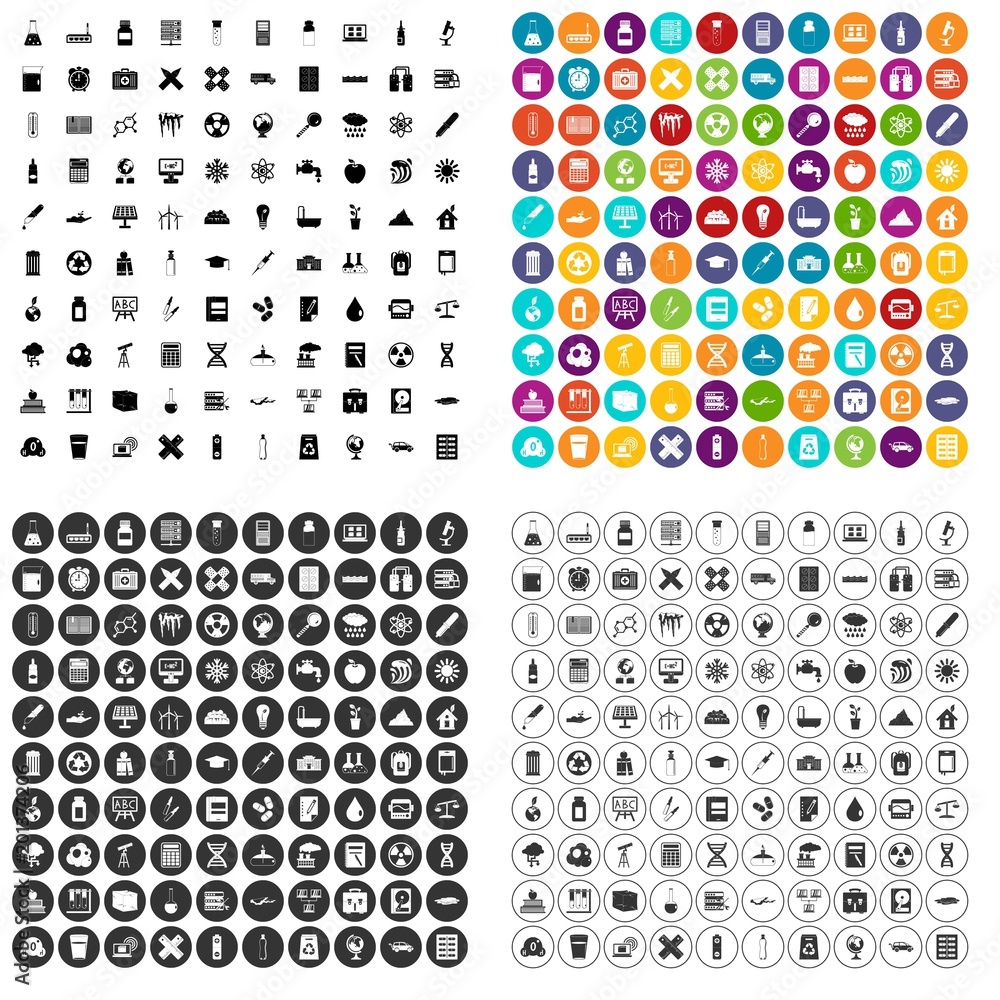 100 chemistry icons set vector in 4 variant for any web design isolated on white