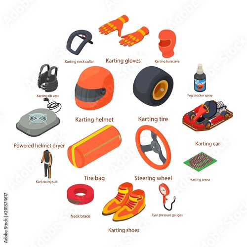 Karting equipment icons set. Isometric illustration of 16 karting equipment vector icons for web