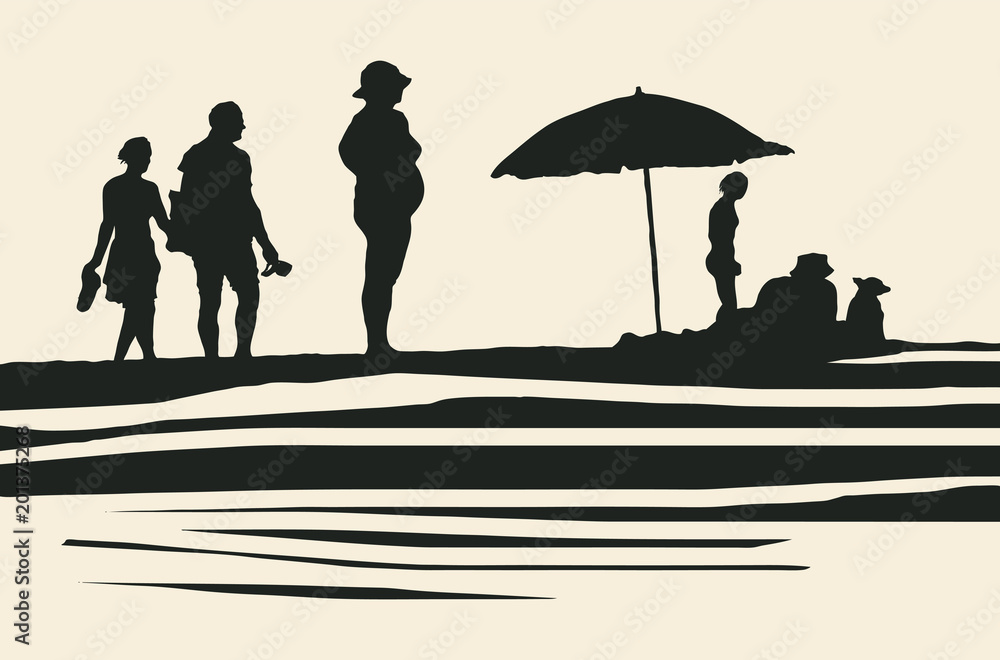 Silhouettes of people on the beach. Retro Engraving Linocut Style. Vector Illustration.