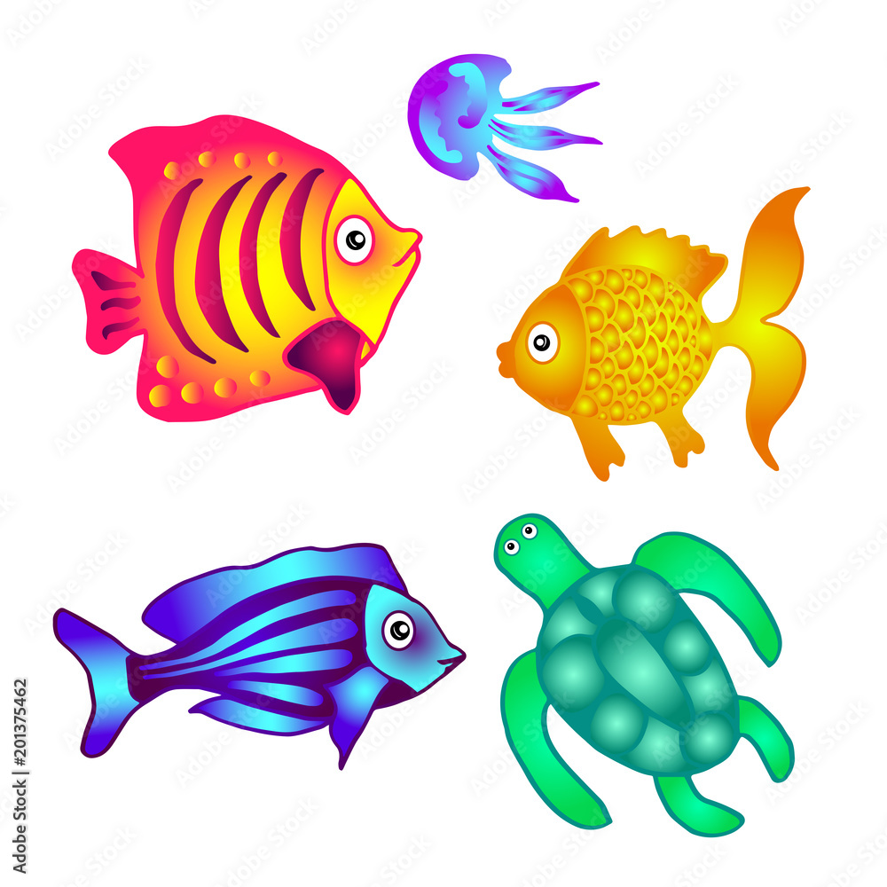 Sea fish, turtle and jellyfish to decorate posters, banners, leaflets.