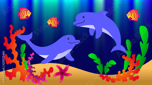 Underwater world with dolphins, fish, corals, starfish and algae.