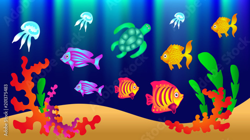 Underwater world with fish, turtle, jellyfish, algae. Vector illustration.