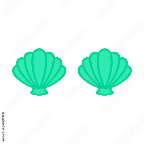 Turquoise mermaid bra. Mermaid top - t-shirt design. Scallop sea shell. Clam. Conch. Seashell - flat vector icon.