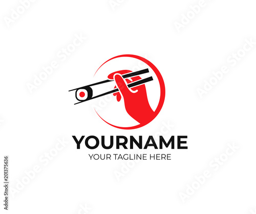 Hand holds sushi and rolls with chopsticks, logo template. Asian, Japanese, Chinese cuisine, vector design. Fast food, illustration