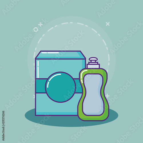 cleaning supplies design with soap box and soap bottle over green background, colorful design. vector illustration