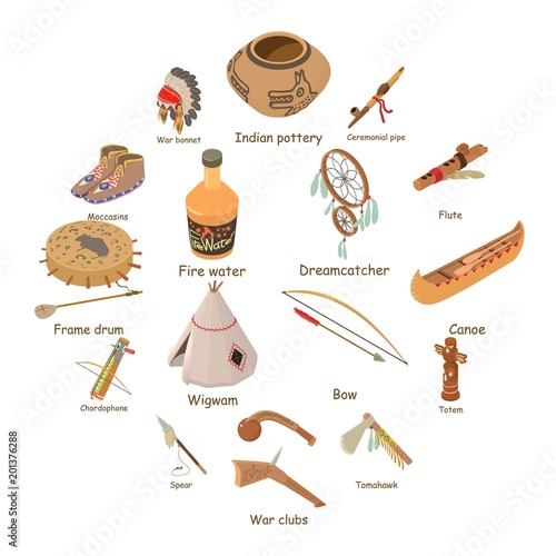Indians ethnic american icons set. Isometric illustration of 16 indians ethnic american vector icons for web photo