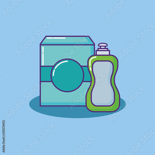 cleaning supplies design with soap box and soap bottle over blue background, colorful design. vector illustration