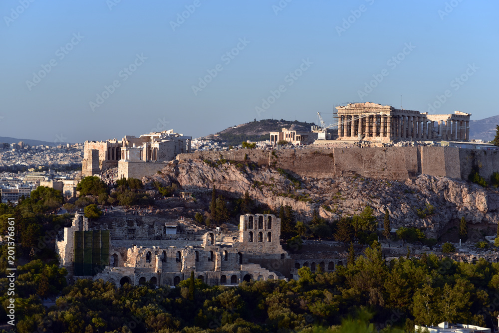 Athens, Panoramic view of the Acropolis and Lycabettos Hill from Philapoppos Hill. Attica, Greece