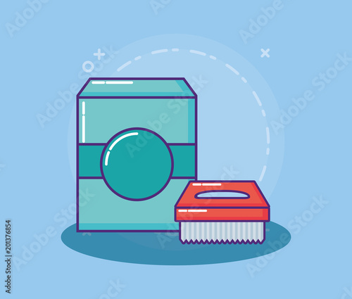 cleaning supplies design with soap box and scrub brush over blue background, colorful design. vector illustration