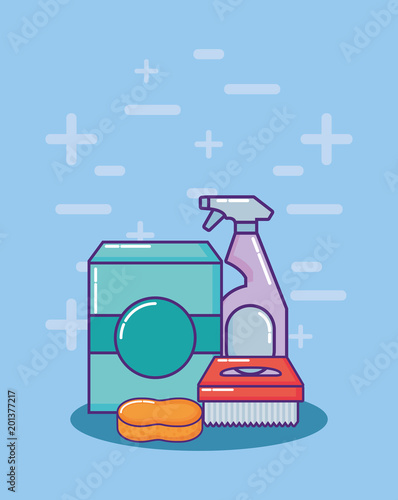 soap box and spray bottle with related icons over blue background, colorful design. vector illustration