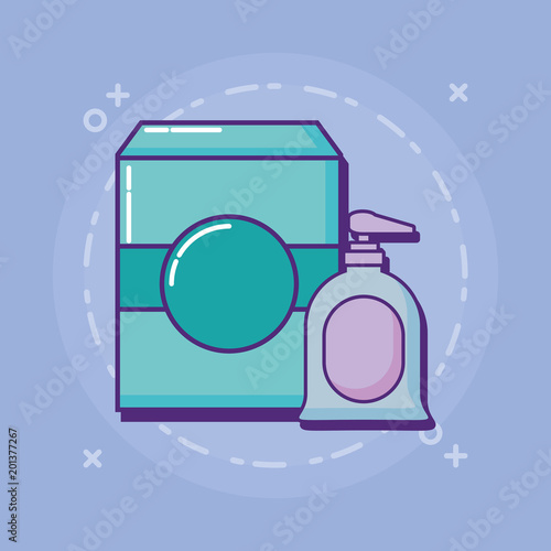 cleaning supplies design with soap box and soap bottle over blue background, colorful design. vector illustration