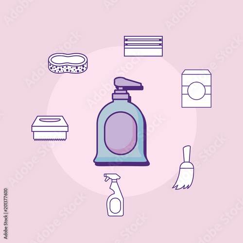 handsoap bottle and cleaning supplies around over pink background, colorful design. vector illustration