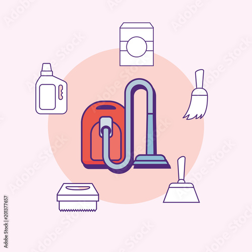 vaccum cleaner and cleaning supplies around over pink background, colorful design. vector illustration
