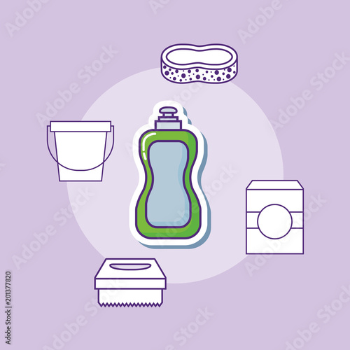 Liquid Dish Soap bottle and cleaning supplies around over purple background, colorful design. vector illustration