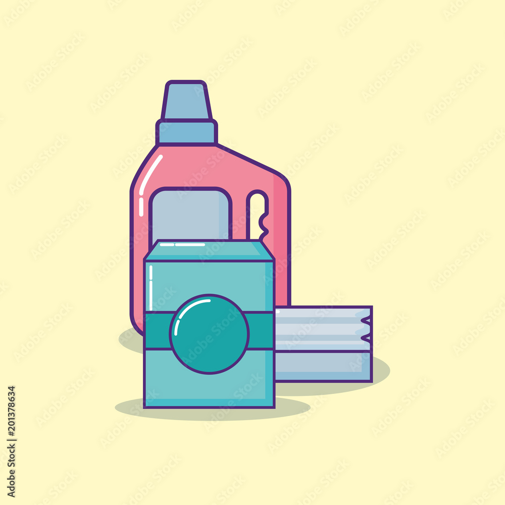 cleaning supplies design with detergent bottle and soap box over yellow background, colorful design. vector illustration 