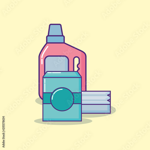 cleaning supplies design with detergent bottle and soap box over yellow background, colorful design. vector illustration 