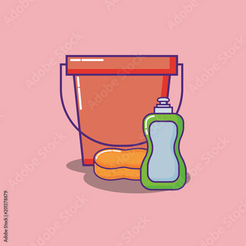 bucket and Liquid Dish Soap bottle over  red background, colorful design. vector illustration