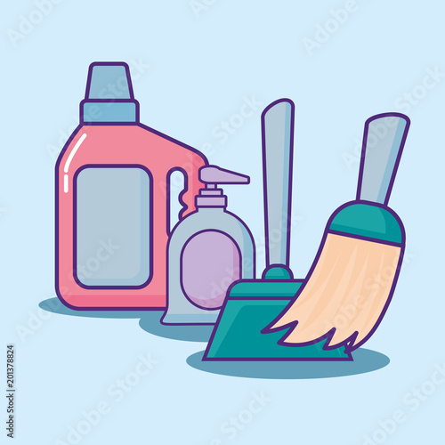 cleaning supplies design with detergent bottle and related icons over blue background, colorful design. vector illustration 