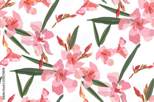 Pink oleander seamless pattern. Botanical illustration hand drawn. Vector floral design for fashion prints, scrapbook, wrapping paper.