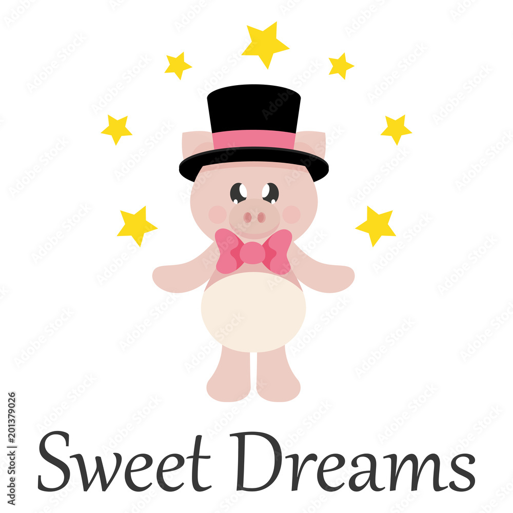 Naklejka premium cartoon cute pig with tie in hat and stars with text