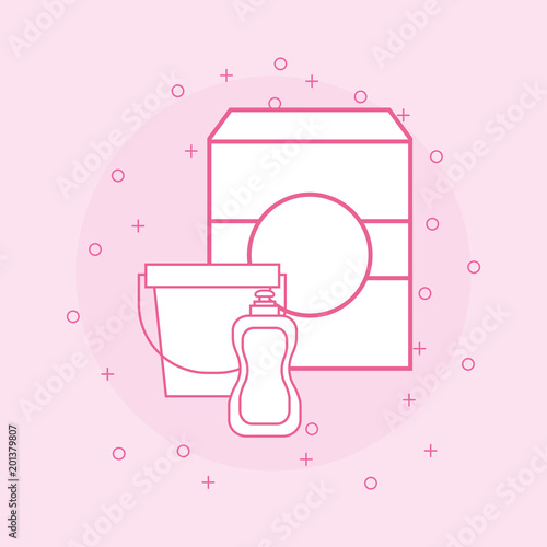 cleaning supplies design with soap box and bucket over pink background, colorful design. vector illustration