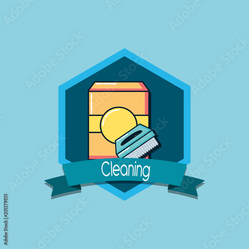 cleaning emblem with soap box and brush icon over blue background, colorful design. vector illustration