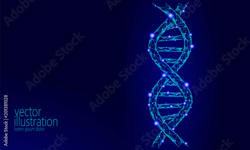 DNA 3D chemical molecule structure low poly. Polygonal triangle point line healthy cell part. Microscopic science blue medicine genome engineering vector illustration future business technology
