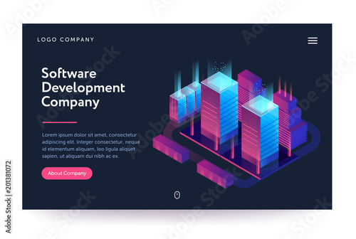 Software development company illustration. Web banner with neon light and modern buildings. Isometric gradient style. Home page concept. UI design mockup.