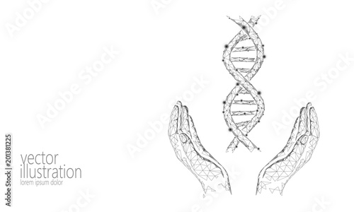 DNA 3D chemical molecule structure hands low poly. Polygonal triangle point line healthy cell part. Microscopic science white medicine genome engineering vector illustration future business technology