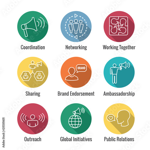 Spokesperson icon set - bullhorn, coordination, pr, and public relations person set