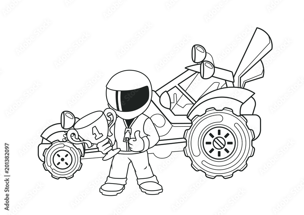 Champion Racer with a Golden Cup and His Racing Car. Coloring Book. Line  Art. Stock Vector | Adobe Stock