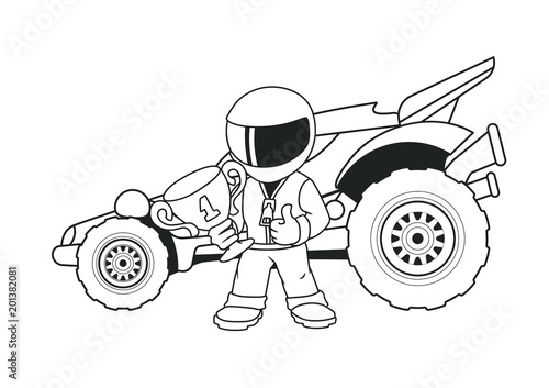 Champion Racer with a Golden Cup and His Racing Car. Coloring Book. Line Art.