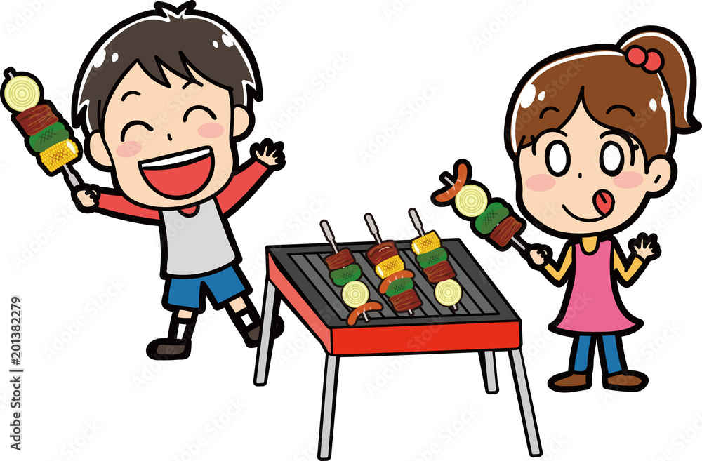 バーベキューをする子供たちのイラスト素材 バーベキューをする子供たちのイラスト素材