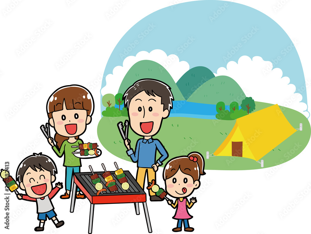 キャンプ場でバーベキューをする家族のイラスト素材 Stock Vector Adobe Stock