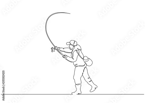 Continuous single drawn one line fisherman in a boat and pier on a fishing trip